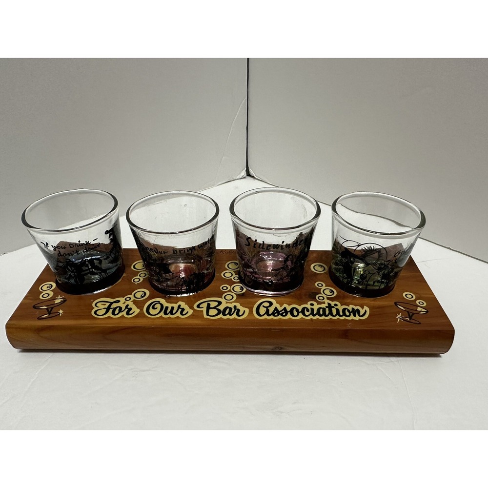 Vintage Painted 4 Shot Glass Set w/ Wood Tray "For Our Bar Association" Souvenir